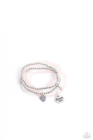 TEENAGE DREAMER - PINK AND SILVER BEAD IRIDESCENT SILVER HEART "DREAM BIG" STRETCHY BRACELET - PAPARAZZI