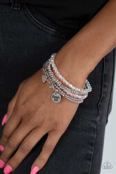 TEENAGE DREAMER - PINK AND SILVER BEAD IRIDESCENT SILVER HEART "DREAM BIG" STRETCHY BRACELET - PAPARAZZI
