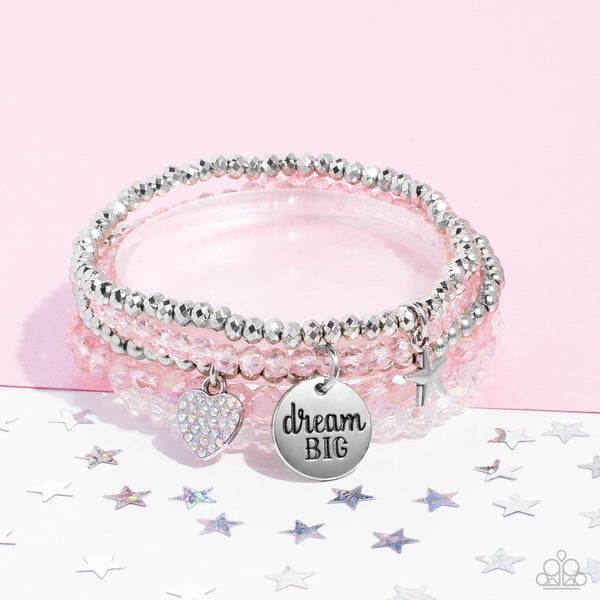 TEENAGE DREAMER - PINK AND SILVER BEAD IRIDESCENT SILVER HEART "DREAM BIG" STRETCHY BRACELET - PAPARAZZI