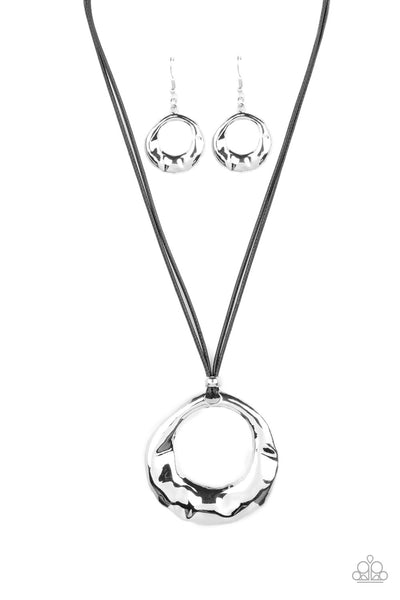 TECTONIC TREASURE - SILVER WAVY CIRCLE BLACK CORD NECKLACE - PAPARAZZI