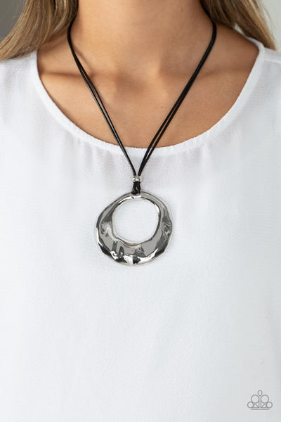 TECTONIC TREASURE - SILVER WAVY CIRCLE BLACK CORD NECKLACE - PAPARAZZI