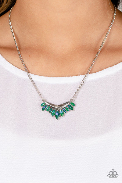 FLASH OF FRINGE - GREEN UV SHIMMER GEM SILVER SHORT NECKLACE - PAPARAZZI