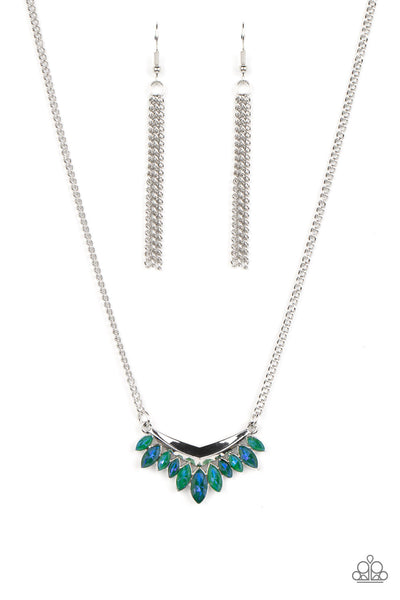FLASH OF FRINGE - GREEN UV SHIMMER GEM SILVER SHORT NECKLACE - PAPARAZZI