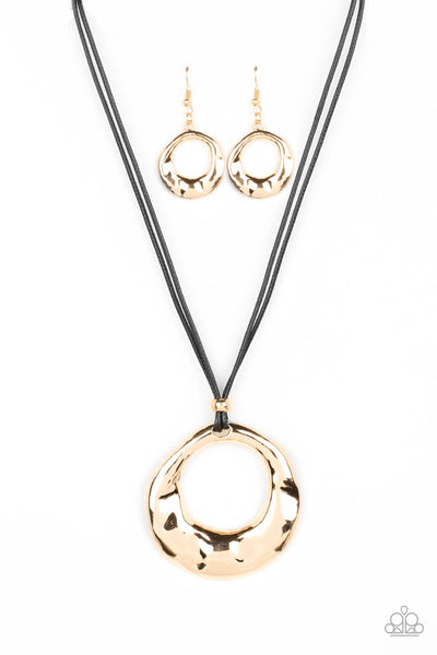 TECTONIC TREASURE - GOLD CIRCLE BLACK CORD NECKLACE - PAPARAZZI