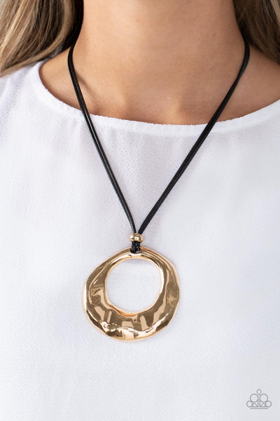 TECTONIC TREASURE - GOLD CIRCLE BLACK CORD NECKLACE - PAPARAZZI