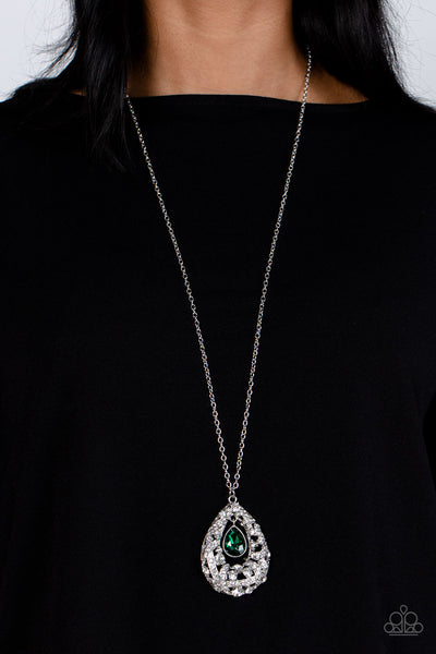 GLITZ AND GLOW - GREEN GEM SILVER NECKLACE - PAPARAZZI