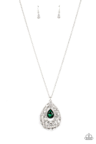 GLITZ AND GLOW - GREEN GEM SILVER NECKLACE - PAPARAZZI