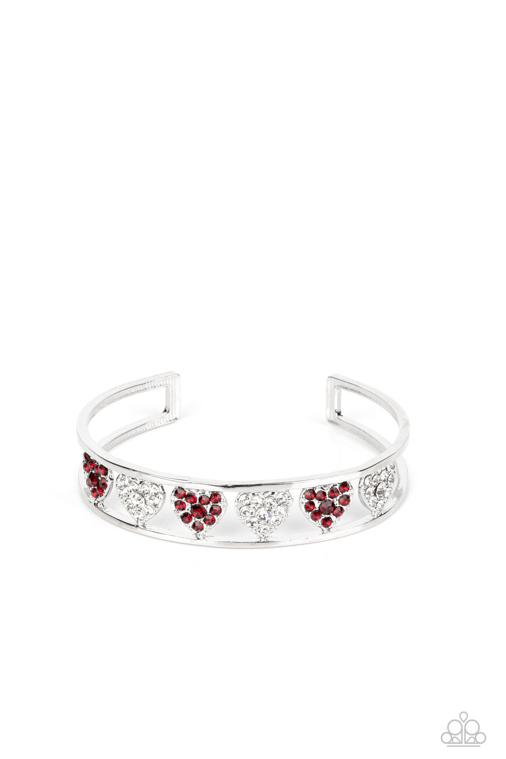 DECADENT DEVOTION - RED AND WHITE RHINESTONE HEART SILVER CUFF BRACELET - PAPARAZZI