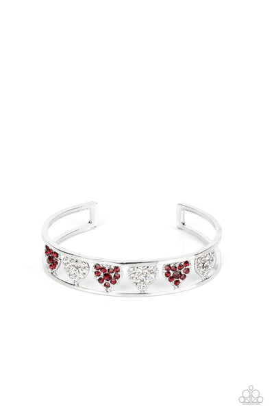 DECADENT DEVOTION - RED AND WHITE RHINESTONE HEART SILVER CUFF BRACELET - PAPARAZZI
