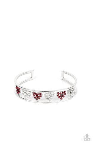 DECADENT DEVOTION - RED AND WHITE RHINESTONE HEART SILVER CUFF BRACELET - PAPARAZZI