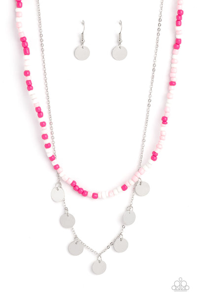 COMET CANDY - PINK AND WHITE SEED BEAD SILVER LAYERED NECKLACE - PAPARAZZI