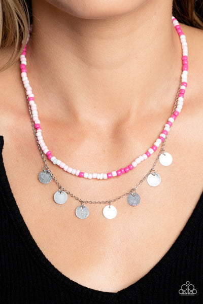 COMET CANDY - PINK AND WHITE SEED BEAD SILVER LAYERED NECKLACE - PAPARAZZI