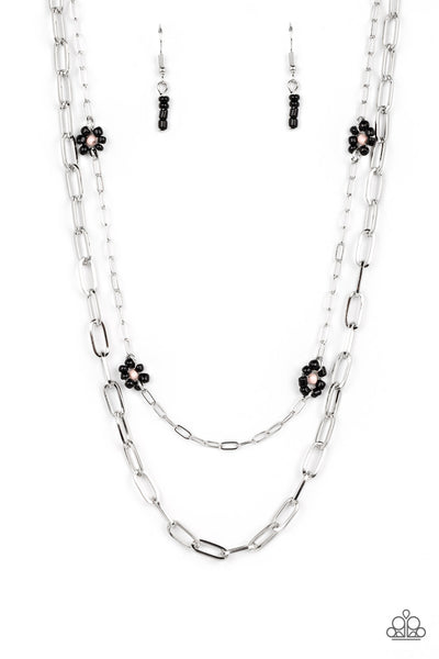 BOLD BUDS - BLACK AND PINK SEED BEAD FLOWER SILVER LAYERED CHAIN NECKLACE - PAPARAZZI