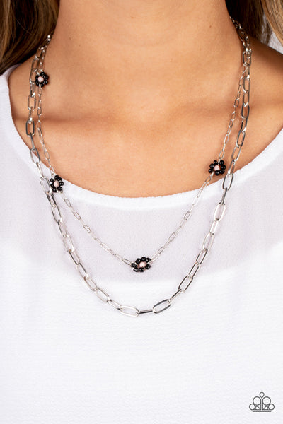 BOLD BUDS - BLACK AND PINK SEED BEAD FLOWER SILVER LAYERED CHAIN NECKLACE - PAPARAZZI