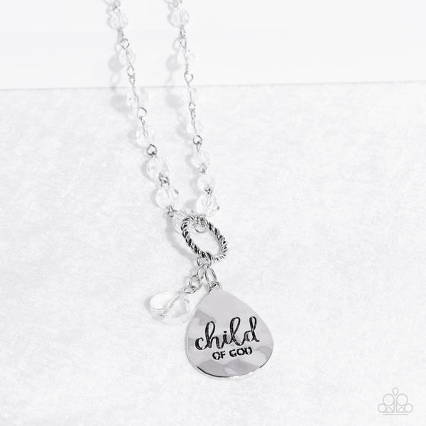 DIVINE DANCE - WHITE CLEAR BEAD "CHILD OF GOD" SILVER NECKLACE - PAPARAZZI