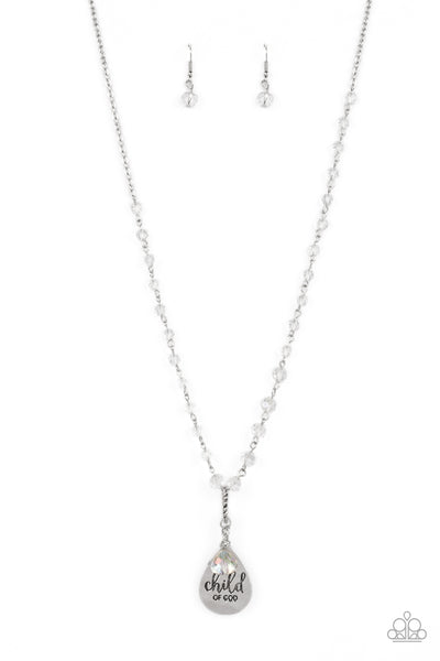 DIVINE DANCE - WHITE CLEAR BEAD "CHILD OF GOD" SILVER NECKLACE - PAPARAZZI