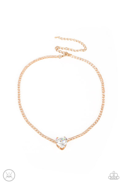 FLIRTY FIANCÉ - GOLD WHITE HEART GEM RHINESTONE CHOKER NECKLACE - PAPARAZZI