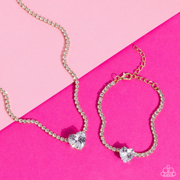FLIRTY FIANCÉ - GOLD WHITE HEART GEM RHINESTONE CHOKER NECKLACE - PAPARAZZI
