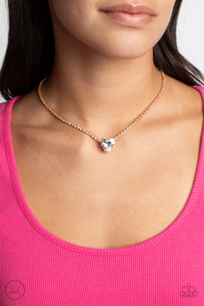 FLIRTY FIANCÉ - GOLD WHITE HEART GEM RHINESTONE CHOKER NECKLACE - PAPARAZZI