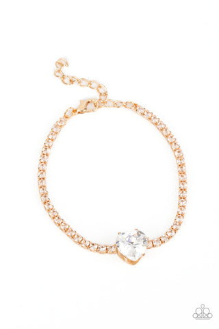 BEDAZZLED BEAUTY - GOLD HEART GEM RHINESTONE BRACELET - PAPARAZZI