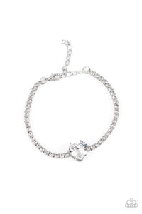 BEDAZZLED BEAUTY - WHITE HEART GEM SILVER BRACELET - PAPARAZZI