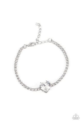 BEDAZZLED BEAUTY - WHITE HEART GEM SILVER BRACELET - PAPARAZZI