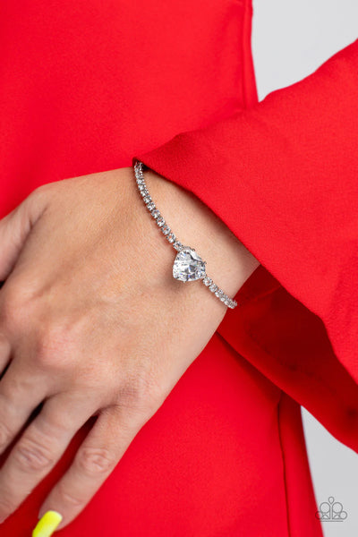 BEDAZZLED BEAUTY - WHITE HEART GEM SILVER BRACELET - PAPARAZZI