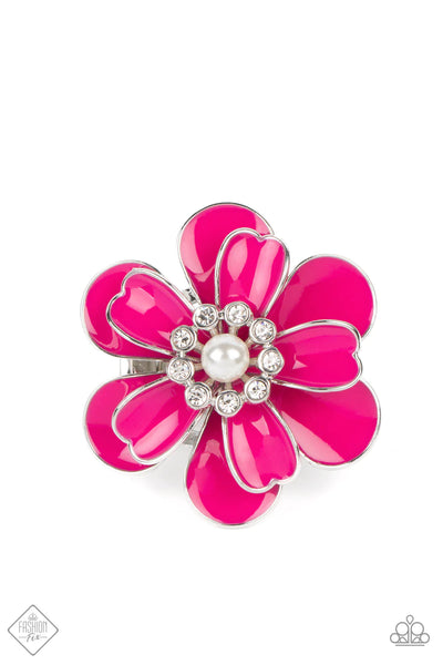 BUDDING BLISS - PINK FLOWER PEARL CENTER SILVER RING - PAPARAZZI FASHION FIX SEPTEMBER 2022