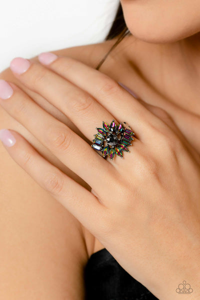 UNTAMABLE UNIVERSE - MULTI OIL SPILL AND HEMATITE RHINESTONE SILVER RING - PAPARAZZI LIFE OF THE PARTY FEBRUARY 2023