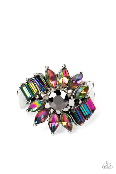 UNTAMABLE UNIVERSE - MULTI OIL SPILL AND HEMATITE RHINESTONE SILVER RING - PAPARAZZI LIFE OF THE PARTY FEBRUARY 2023