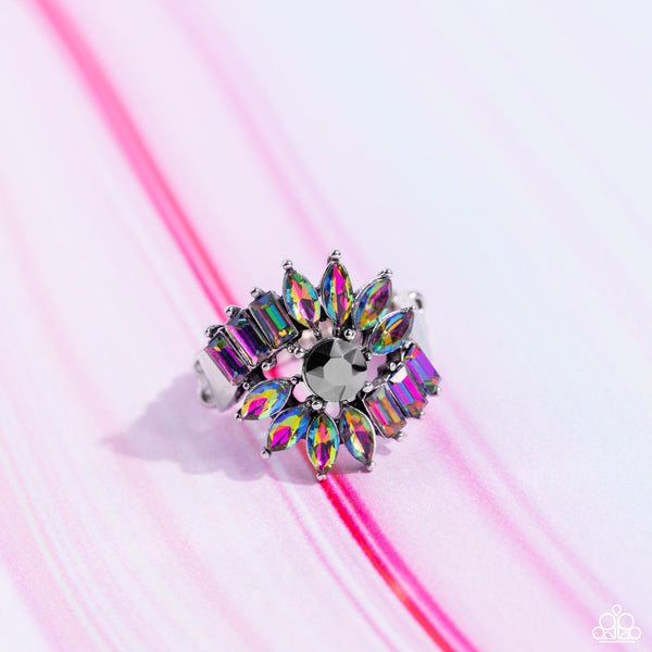 UNTAMABLE UNIVERSE - MULTI OIL SPILL AND HEMATITE RHINESTONE SILVER RING - PAPARAZZI LIFE OF THE PARTY FEBRUARY 2023