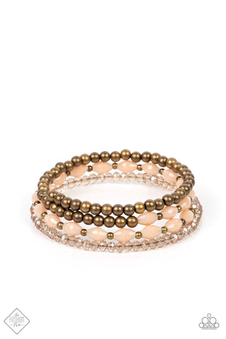 CELESTIAL CHAPTER - BRASS AND PEACH BEAD COIL BRACELET - PAPARAZZI FASHION FIX NOVEMBER 2022