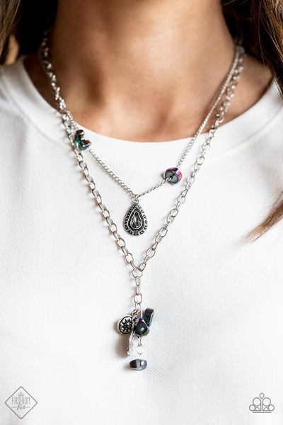 COLLECTORS CRAFTSMANSHIP - MULTI OIL SPILL BEAD SILVER CHARM LAYERED NECKLACE - PAPARAZZI FASHION FIX NOVEMBER 2022