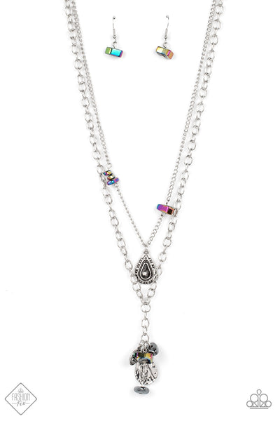 COLLECTORS CRAFTSMANSHIP - MULTI OIL SPILL BEAD SILVER CHARM LAYERED NECKLACE - PAPARAZZI FASHION FIX NOVEMBER 2022