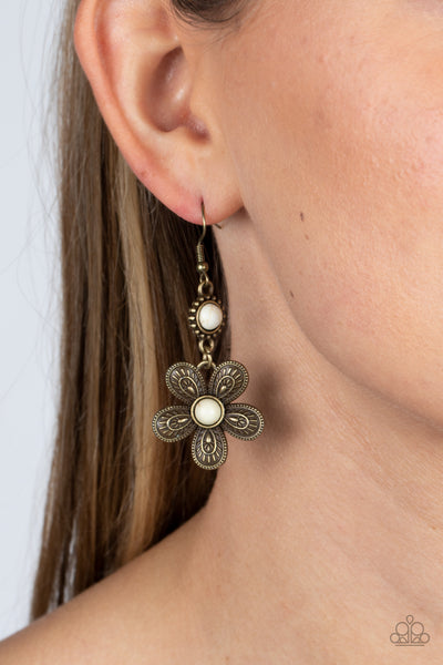 FREE-SPIRITED FLOURISH -WHITE STONE BRASS FLOWER EARRINGS - PAPARAZZI FASHION FIX NOVEMBER 2022