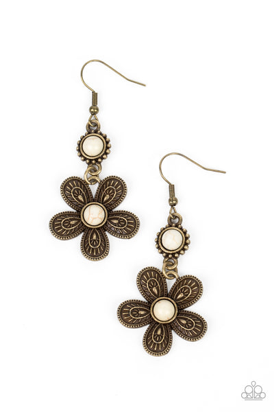FREE-SPIRITED FLOURISH -WHITE STONE BRASS FLOWER EARRINGS - PAPARAZZI FASHION FIX NOVEMBER 2022