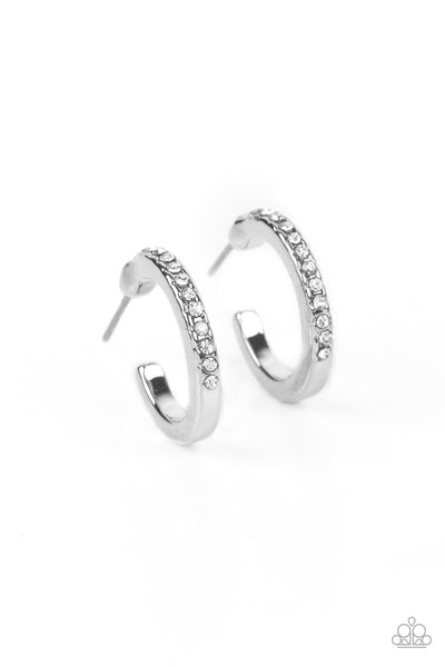 AUDACIOUSLY ANGELIC - WHITE RHINESTONE SILVER TINY HOOP EARRINGS - PAPARAZZI Regular price
