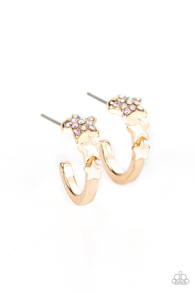 STARFISH SHOWPIECE - MULTI IRIDESCENT RHINESTONE STAR TINY HOOP EARRINGS - PAPARAZZI