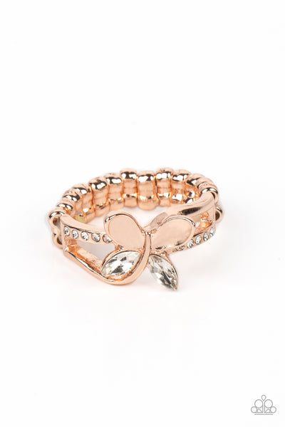 FETCHING FLUTTER - ROSE GOLD BUTTERFLY RHINESTONE RING - PAPARAZZI