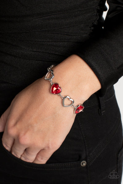 SENTIMENTAL SWEETHEARTS - RED GEM SILVER HEART BRACELET - PAPARAZZI