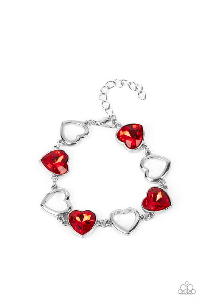 SENTIMENTAL SWEETHEARTS - RED GEM SILVER HEART BRACELET - PAPARAZZI