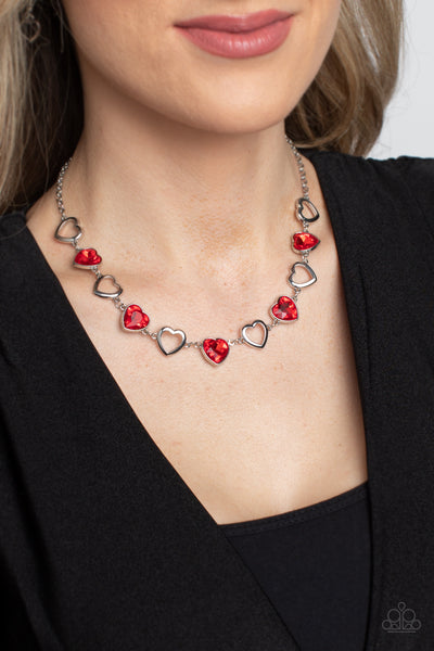 CONTEMPORARY CUPID - RED GEM SILVER HEART NECKLACE - PAPARAZZI