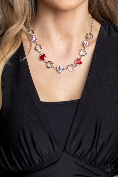 CONTEMPORARY CUPID - MULTI PINK AND RED GEM HEART SILVER NECKLACE - PAPARAZZ