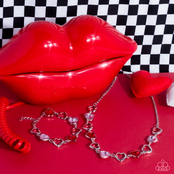 CONTEMPORARY CUPID - MULTI PINK AND RED GEM HEART SILVER NECKLACE - PAPARAZZ