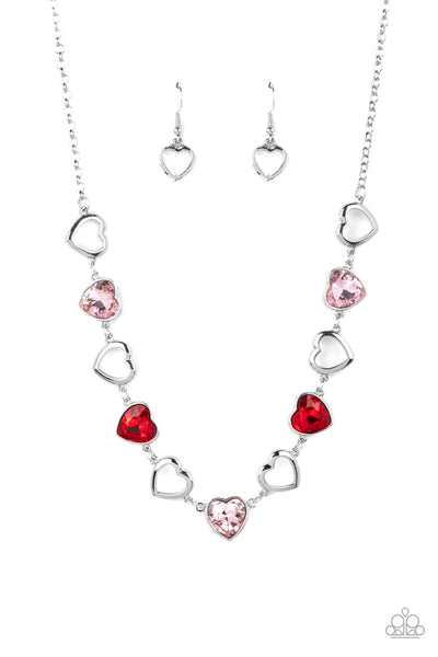CONTEMPORARY CUPID - MULTI PINK AND RED GEM HEART SILVER NECKLACE - PAPARAZZ