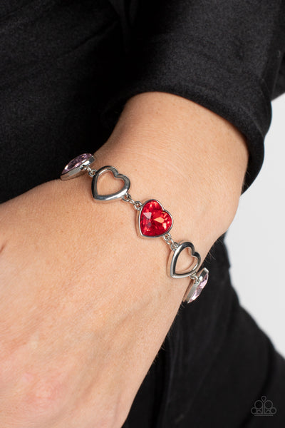 SENTIMENTAL SWEETHEARTS - MULTI PINK AND RED GEM SILVER HEART BRACELET - PAPARAZZI