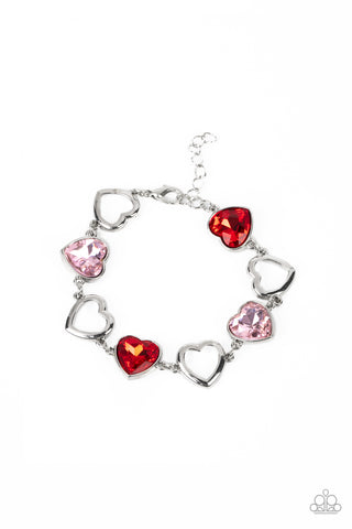 SENTIMENTAL SWEETHEARTS - MULTI PINK AND RED GEM SILVER HEART BRACELET - PAPARAZZI