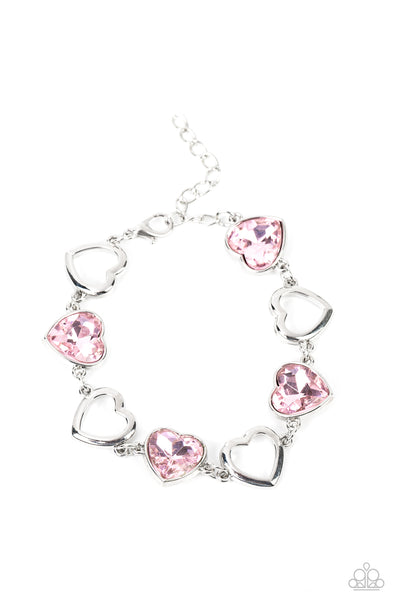 SENTIMENTAL SWEETHEARTS - PINK HEART GEM SILVER BRACELET - PAPARAZZI