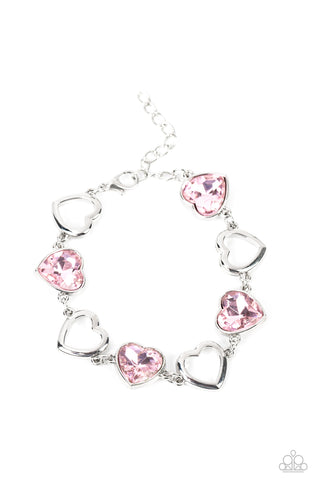 SENTIMENTAL SWEETHEARTS - PINK HEART GEM SILVER BRACELET - PAPARAZZI