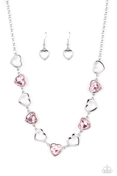 CONTEMPORARY CUPID - PINK HEART GEM SILVER NECKLACE - PAPARAZZI